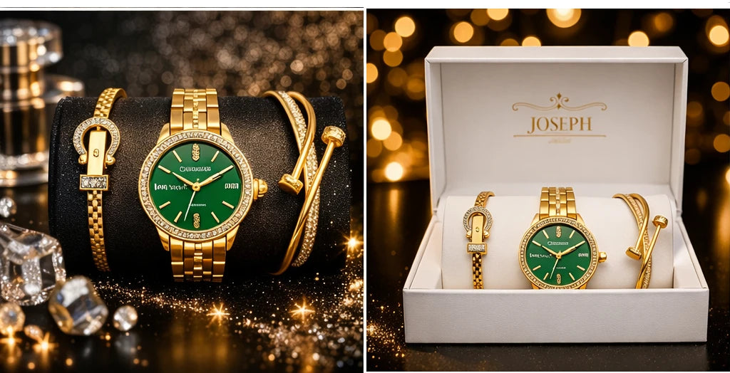 Set Ceas Damă Auriu 3 Piese Cadran Verde, 2 Brățări Elegante Decorate cu Cristale, Cutie Cadou Premium