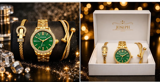 Set Ceas Damă Auriu 3 Piese Cadran Verde, 2 Brățări Elegante Decorate cu Cristale, Cutie Cadou Premium