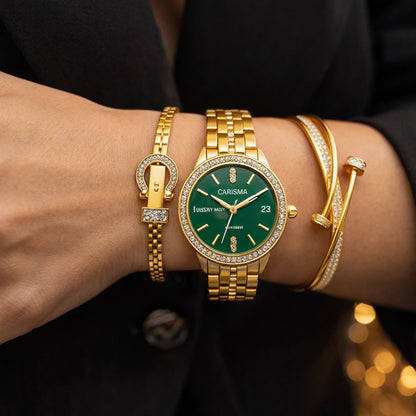 Set Ceas Damă Auriu 3 Piese Cadran Verde, 2 Brățări Elegante Decorate cu Cristale, Cutie Cadou Premium