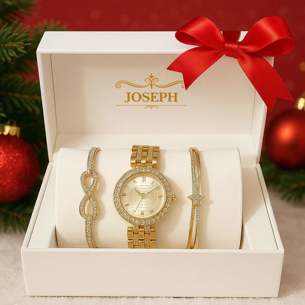 Set Ceas Damă Auriu 3 Piese, 2 Brățări Elegante Decorate cu Cristale, Cutie Cadou Premium