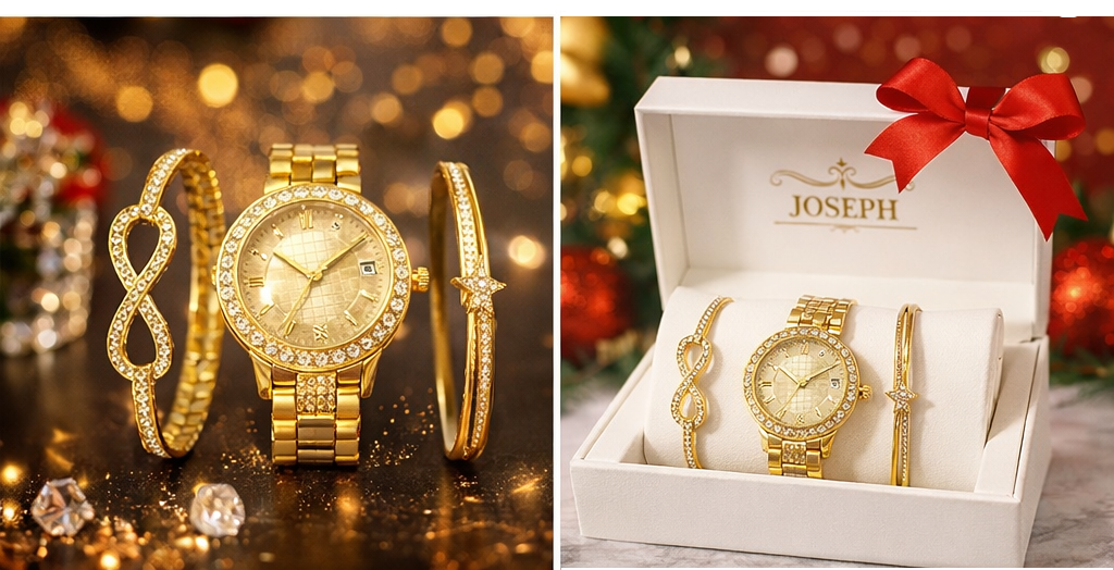 Set Ceas Damă Auriu 3 Piese, 2 Brățări Elegante Decorate cu Cristale, Cutie Cadou Premium