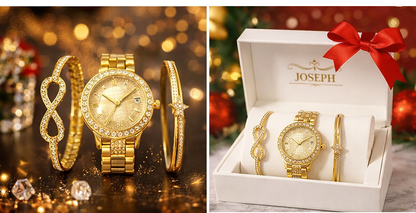 Set Ceas Damă Auriu 3 Piese, 2 Brățări Elegante Decorate cu Cristale, Cutie Cadou Premium