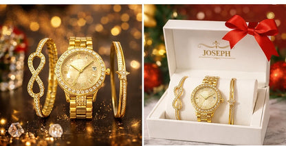 Set Ceas Damă Auriu 3 Piese, 2 Brățări Elegante Decorate cu Cristale, Cutie Cadou Premium