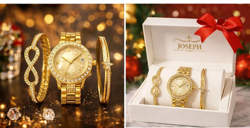 Set Ceas Damă Auriu 3 Piese, 2 Brățări Elegante Decorate cu Cristale, Cutie Cadou Premium
