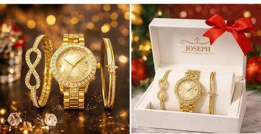 Set Ceas Damă Auriu 3 Piese, 2 Brățări Elegante Decorate cu Cristale, Cutie Cadou Premium