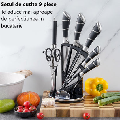 Set Cutite Profesionale 9 Piese din Otel Inoxidabil, Suport Elegant, Manere Ergonomice, Negru, Calitate Premium pentru Bucatarie