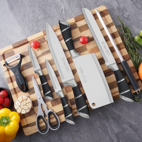 Set Cutite Profesionale 9 Piese din Otel Inoxidabil, Suport Elegant, Manere Ergonomice, Negru, Calitate Premium pentru Bucatarie - Imagine 4