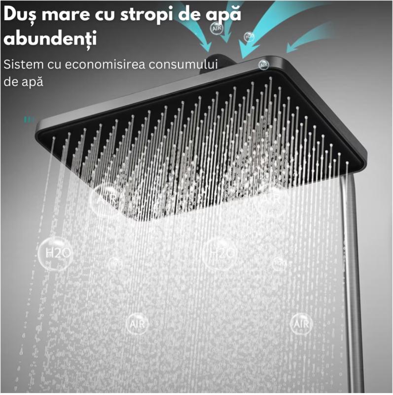Set de dus cu Iluminare LED si afisaj Digital inteligent al Temperaturi, baterie cu termostat si turbina generatoare de curent integrata, Inaltime reglabila, 3 functii de curgere a apei, dus reglabil, bideu, Gri