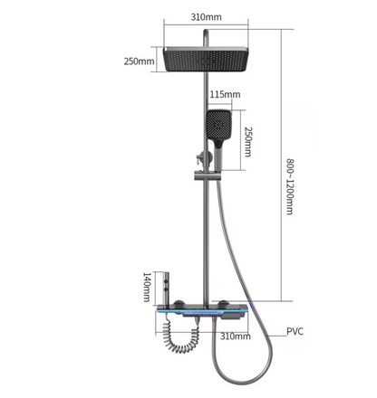 Set de dus cu Iluminare LED si afisaj Digital inteligent al Temperaturi, baterie cu termostat si turbina generatoare de curent integrata, Inaltime reglabila, 3 functii de curgere a apei, dus reglabil, bideu, Gri