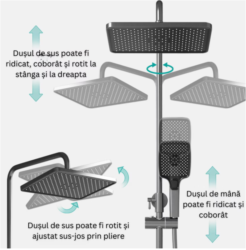 Set de dus cu Iluminare LED si afisaj Digital inteligent al Temperaturi, baterie cu termostat si turbina generatoare de curent integrata, Inaltime reglabila, 3 functii de curgere a apei, dus reglabil, bideu, Gri