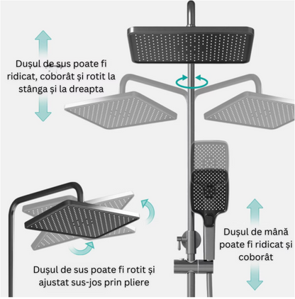 Set de dus cu Iluminare LED si afisaj Digital inteligent al Temperaturi, baterie cu termostat si turbina generatoare de curent integrata, Inaltime reglabila, 3 functii de curgere a apei, dus reglabil, bideu, Gri