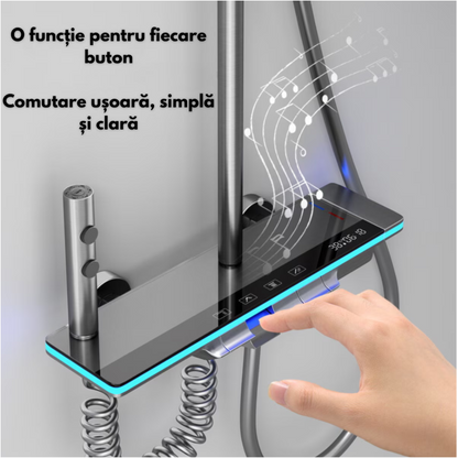 Set de dus cu Iluminare LED si afisaj Digital inteligent al Temperaturi, baterie cu termostat si turbina generatoare de curent integrata, Inaltime reglabila, 3 functii de curgere a apei, dus reglabil, bideu, Gri