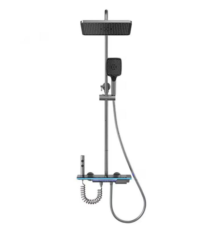 Set de dus cu Iluminare LED si afisaj Digital inteligent al Temperaturi, baterie cu termostat si turbina generatoare de curent integrata, Inaltime reglabila, 3 functii de curgere a apei, dus reglabil, bideu, Gri