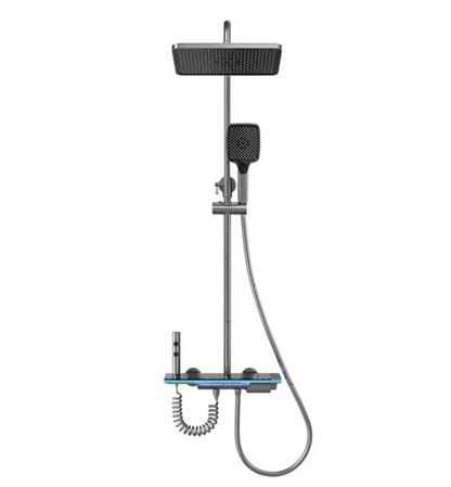 Set de dus cu Iluminare LED si afisaj Digital inteligent al Temperaturi, baterie cu termostat si turbina generatoare de curent integrata, Inaltime reglabila, 3 functii de curgere a apei, dus reglabil, bideu, Gri
