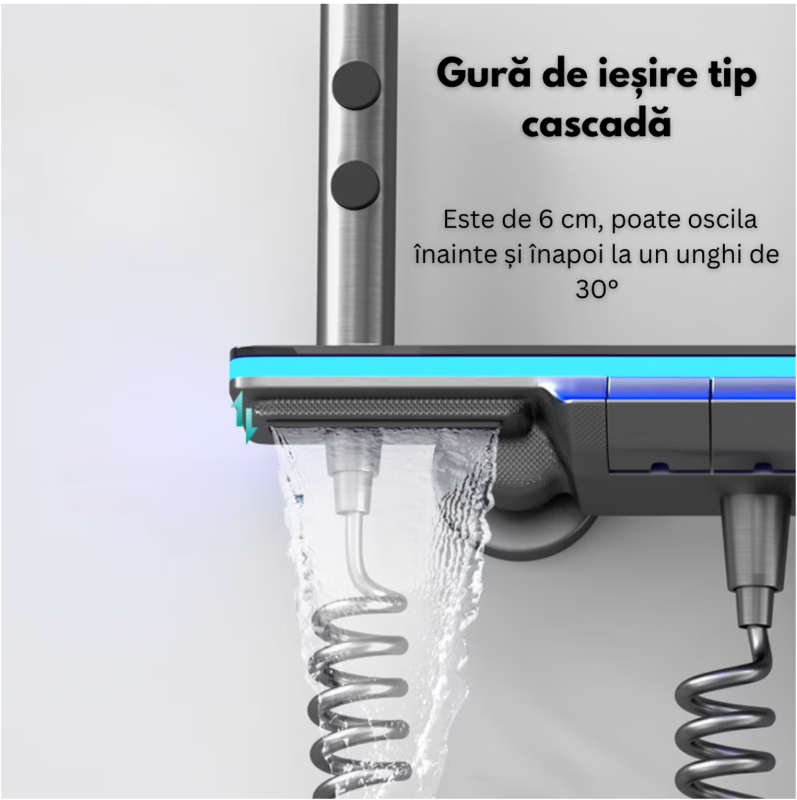 Set de dus cu Iluminare LED si afisaj Digital inteligent al Temperaturi, baterie cu termostat si turbina generatoare de curent integrata, Inaltime reglabila, 3 functii de curgere a apei, dus reglabil, bideu, Gri