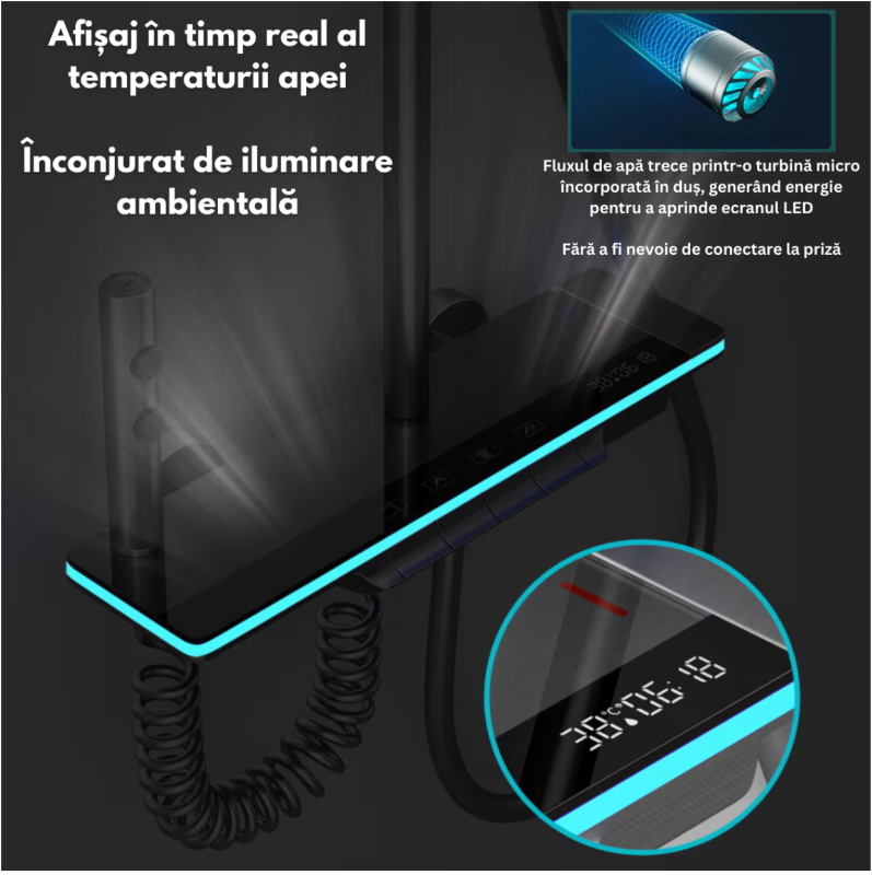 Set de dus cu Iluminare LED si afisaj Digital inteligent al Temperaturi, baterie cu termostat si turbina generatoare de curent integrata, Inaltime reglabila, 3 functii de curgere a apei, dus reglabil, bideu, Gri