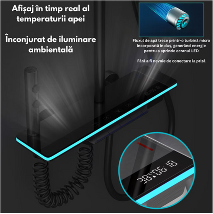 Set de dus cu Iluminare LED si afisaj Digital inteligent al Temperaturi, baterie cu termostat si turbina generatoare de curent integrata, Inaltime reglabila, 3 functii de curgere a apei, dus reglabil, bideu, Gri