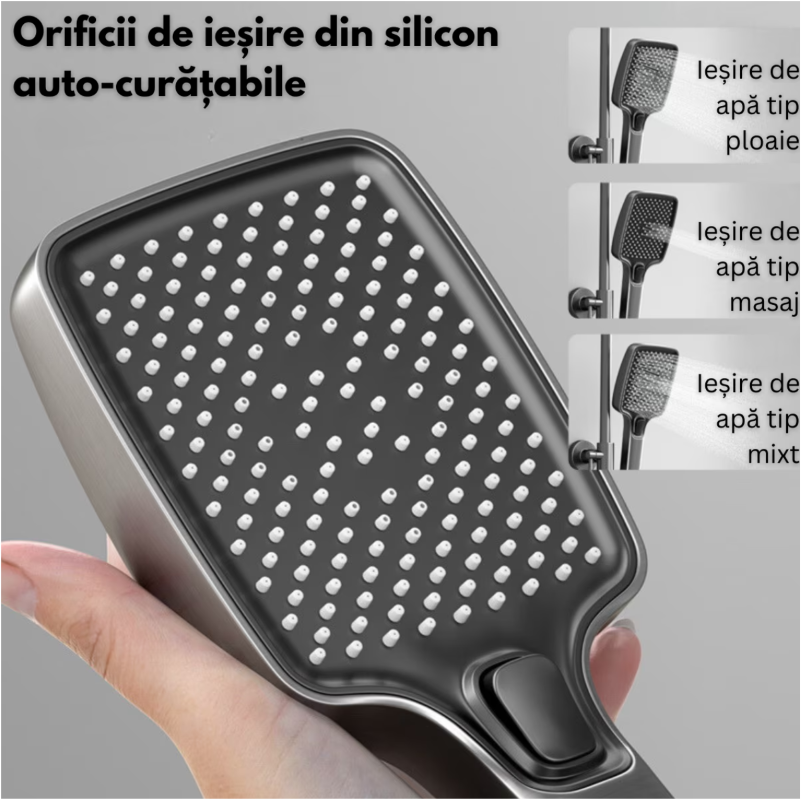 Set de dus cu Iluminare LED si afisaj Digital inteligent al Temperaturi, baterie cu termostat si turbina generatoare de curent integrata, Inaltime reglabila, 3 functii de curgere a apei, dus reglabil, bideu, Gri