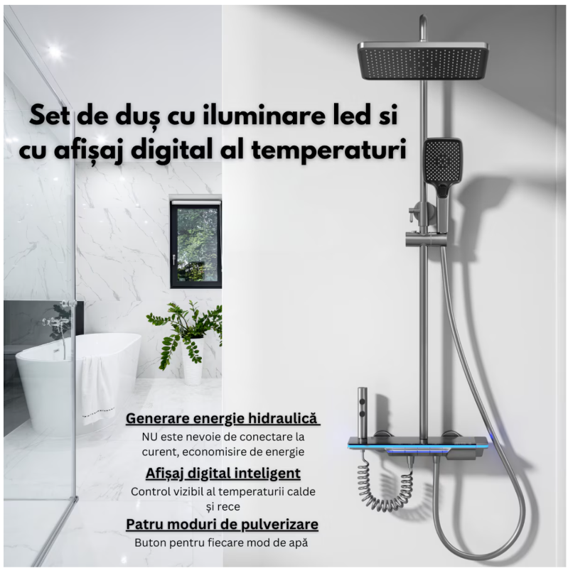 Set de dus cu Iluminare LED si afisaj Digital inteligent al Temperaturi, baterie cu termostat si turbina generatoare de curent integrata, Inaltime reglabila, 3 functii de curgere a apei, dus reglabil, bideu, Gri