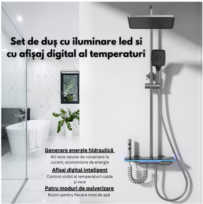Set de dus cu Iluminare LED si afisaj Digital inteligent al Temperaturi, baterie cu termostat si turbina generatoare de curent integrata, Inaltime reglabila, 3 functii de curgere a apei, dus reglabil, bideu, Gri