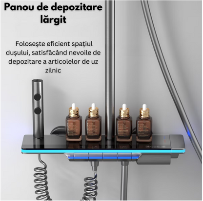 Set de dus cu Iluminare LED si afisaj Digital inteligent al Temperaturi, baterie cu termostat si turbina generatoare de curent integrata, Inaltime reglabila, 3 functii de curgere a apei, dus reglabil, bideu, Gri