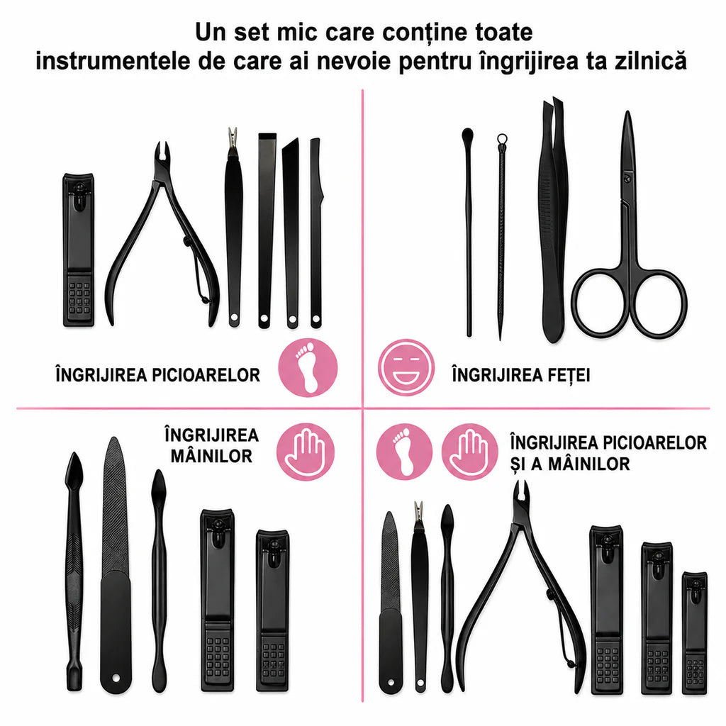 Set Manichiură și Pedichiură Profesional 16 Piese, Oțel Inoxidabil, Trusă Îngrijire Unghii cu Husă Elegantă din Piele, Kit pentru Acasă și Călătorii, Cadou pentru Femei și Bărbați