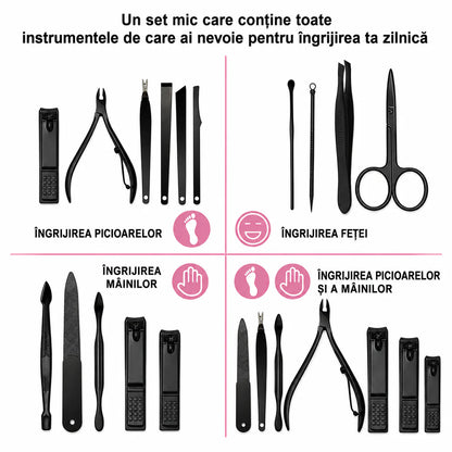 Set Manichiură și Pedichiură Profesional 16 Piese, Oțel Inoxidabil, Trusă Îngrijire Unghii cu Husă Elegantă din Piele, Kit pentru Acasă și Călătorii, Cadou pentru Femei și Bărbați