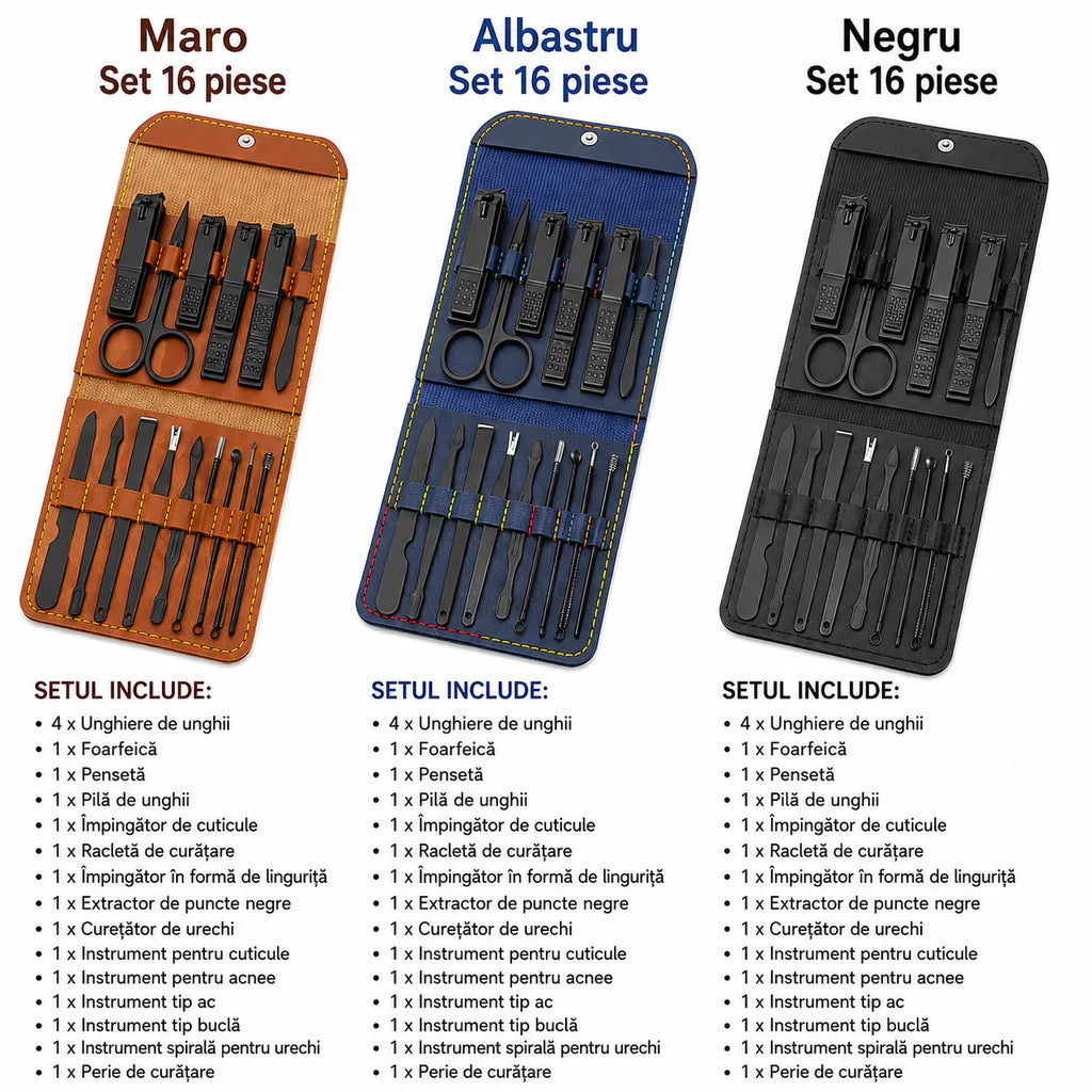 Set Manichiură și Pedichiură Profesional 16 Piese, Oțel Inoxidabil, Trusă Îngrijire Unghii cu Husă Elegantă din Piele, Kit pentru Acasă și Călătorii, Cadou pentru Femei și Bărbați