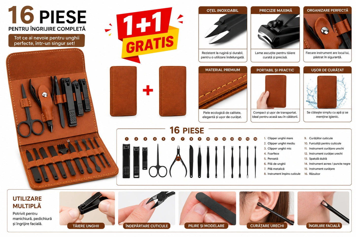 Set Manichiură și Pedichiură Profesional 16 Piese, Oțel Inoxidabil, Trusă Îngrijire Unghii cu Husă Elegantă din Piele, Kit pentru Acasă și Călătorii, Cadou pentru Femei și Bărbați