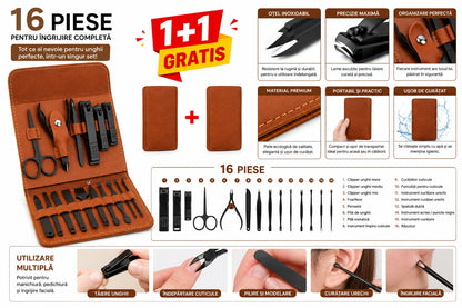 Set Manichiură și Pedichiură Profesional 16 Piese, Oțel Inoxidabil, Trusă Îngrijire Unghii cu Husă Elegantă din Piele, Kit pentru Acasă și Călătorii, Cadou pentru Femei și Bărbați
