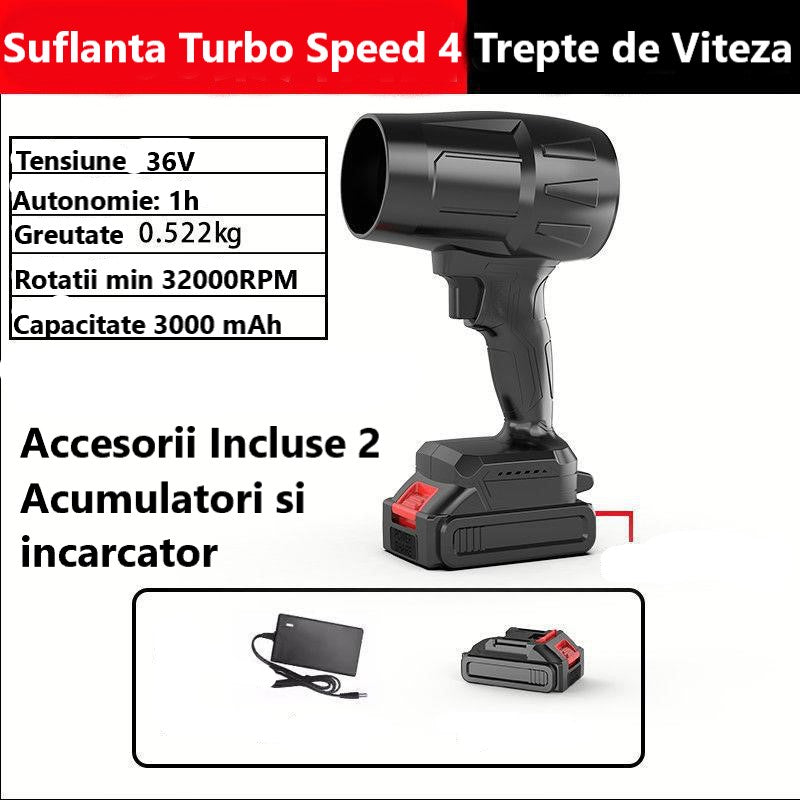 Suflantă de Aer Portabilă 36V, cu 2 Acumulatori 3000mAh, 4 Viteze, 32.000 RPM, Pentru Frunze, Praful din Curte, Grătar sau Zăpadă Ușoară