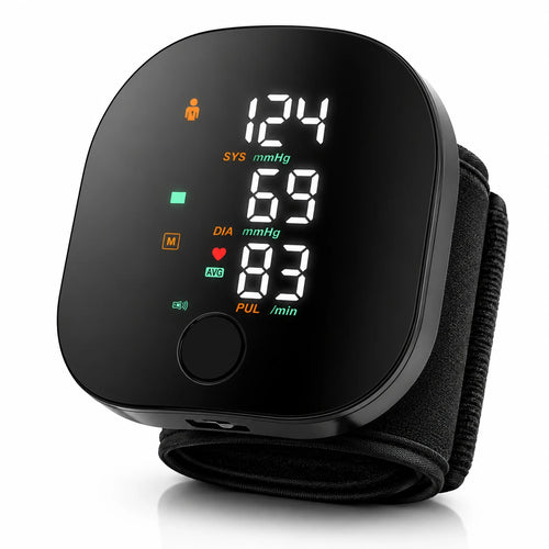 Tensiometru Digital de Încheietură Inteligent cu Ecran LED, Măsurare Tensiune Arterială și Puls, Indicator Hipertensiune, Memorie pentru 2 Utilizatori, Alertă Vocală, Compact și Portabil, Negru