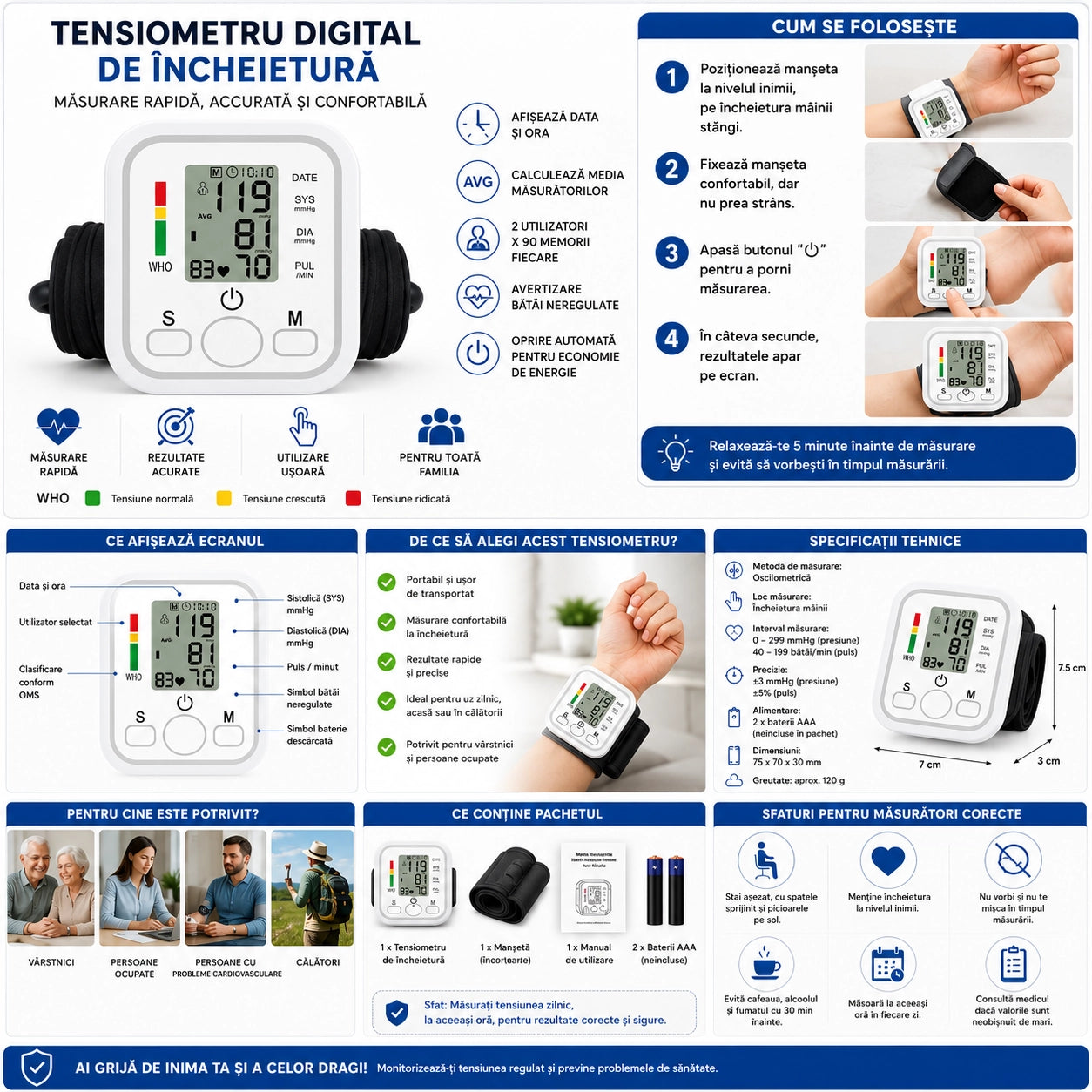 Pachet 1+1 Gratis Tensiometru Digital Electronic de Încheietură, Ecran LCD Mare, Măsurare Rapidă și Precisă, Detectare Bătăi Neregulate, Memorie pentru 2 Utilizatori, Oprire Automată