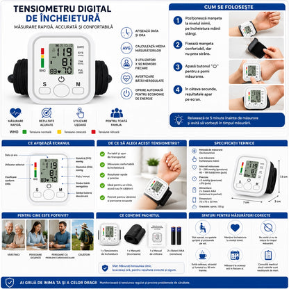 Pachet 1+1 Gratis Tensiometru Digital Electronic de Încheietură, Ecran LCD Mare, Măsurare Rapidă și Precisă, Detectare Bătăi Neregulate, Memorie pentru 2 Utilizatori, Oprire Automată