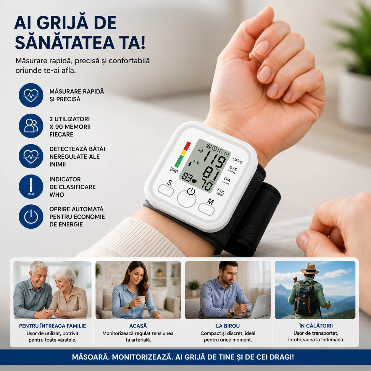 Pachet 1+1 Gratis Tensiometru Digital Electronic de Încheietură, Ecran LCD Mare, Măsurare Rapidă și Precisă, Detectare Bătăi Neregulate, Memorie pentru 2 Utilizatori, Oprire Automată