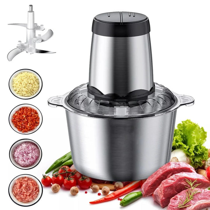 Tocator Electric de bucătărie Pentru Carne, Legume si verdeturi, cu Bol din inox 5L, 1000W, Profesional Capacitate mare, 4 Lame otel, Motor electric