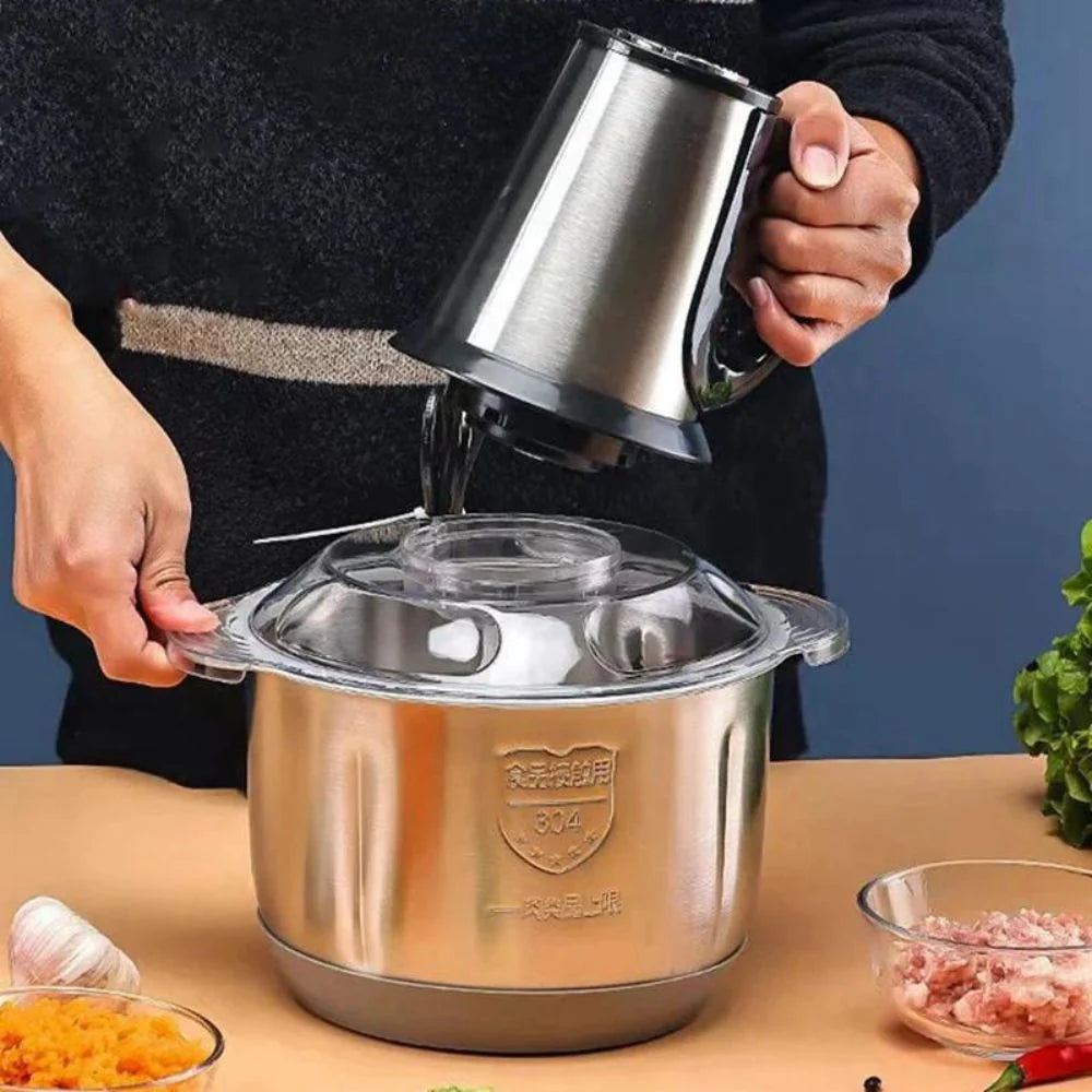 Tocator Electric de bucătărie Pentru Carne, Legume si verdeturi, cu Bol din inox 5L, 1000W, Profesional Capacitate mare, 4 Lame otel, Motor electric