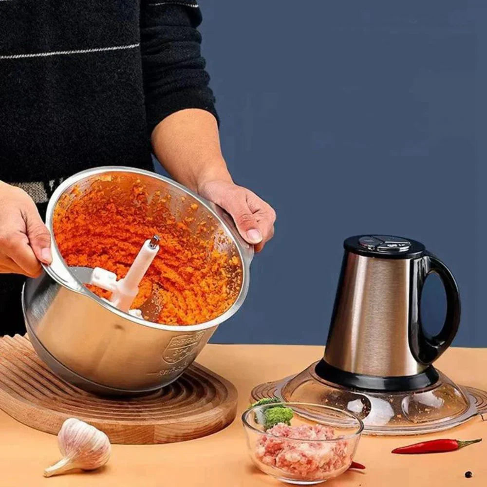 Tocator Electric de bucătărie Pentru Carne, Legume si verdeturi, cu Bol din inox 5L, 1000W, Profesional Capacitate mare, 4 Lame otel, Motor electric