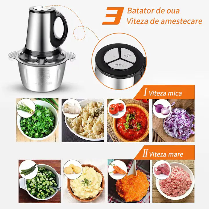 Tocator Electric de bucătărie Pentru Carne, Legume si verdeturi, cu Bol din inox 5L, 1000W, Profesional Capacitate mare, 4 Lame otel, Motor electric