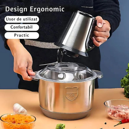 Tocator Electric de bucătărie Pentru Carne, Legume si verdeturi, cu Bol din inox 5L, 1000W, Profesional Capacitate mare, 4 Lame otel, Motor electric