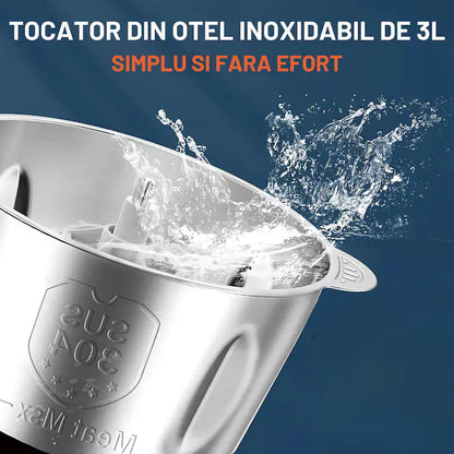 Tocator Electric de bucătărie 1000W, Pentru Carne, Legume, si verdeturi, cu Bol din inox 3L, Profesional Capacitate mare, 4 Lame otel, Motor electric
