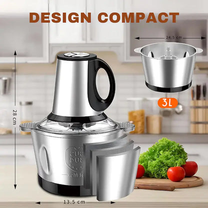 Tocator Electric de bucătărie 1000W, Pentru Carne, Legume, si verdeturi, cu Bol din inox 3L, Profesional Capacitate mare, 4 Lame otel, Motor electric