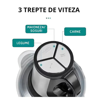 Tocator Electric de bucătărie 1000W, Pentru Carne, Legume, si verdeturi, cu Bol din inox 3L, Profesional Capacitate mare, 4 Lame otel, Motor electric