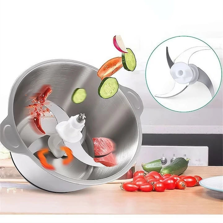 Tocator Electric de bucătărie Pentru Carne, Legume si verdeturi, cu Bol din inox 5L, 1000W, Profesional Capacitate mare, 4 Lame otel, Motor electric