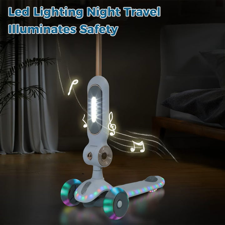 Trotineta pentru Copii cu 3 Roti, Scaun Detasabil Lumini LED Multicolore, Pliabila, Muzica, Ghidon Reglabil pe Inaltime, Platforma Antiderapanta, Design Sport, pentru Baieti si Fete