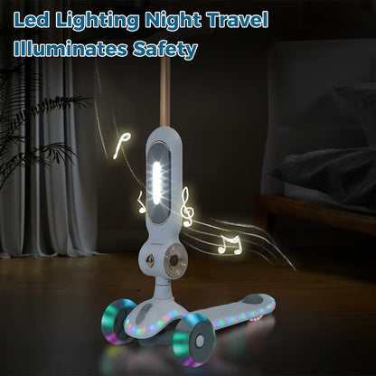 Trotineta pentru Copii cu 3 Roti, Scaun Detasabil Lumini LED Multicolore, Pliabila, Muzica, Ghidon Reglabil pe Inaltime, Platforma Antiderapanta, Design Sport, pentru Baieti si Fete