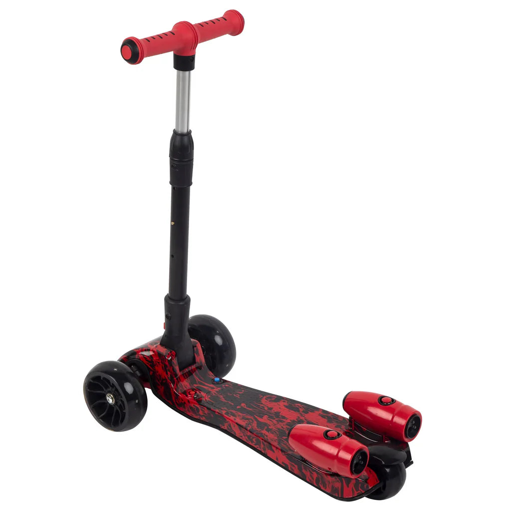 Trotineta pentru Copii cu Efect de Fum, Lumini LED Multicolore si 3 Roti Late pentru Stabilitate, Ghidon Reglabil pe Inaltime, Platforma Antiderapanta, Design Sport Rosu-Negru, pentru Baieti si Fete