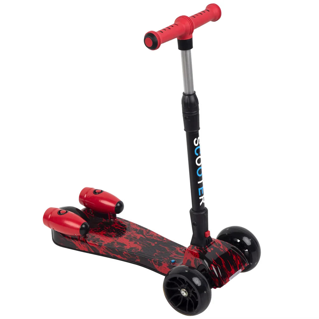 Trotineta pentru Copii cu Efect de Fum, Lumini LED Multicolore si 3 Roti Late pentru Stabilitate, Ghidon Reglabil pe Inaltime, Platforma Antiderapanta, Design Sport Rosu-Negru, pentru Baieti si Fete