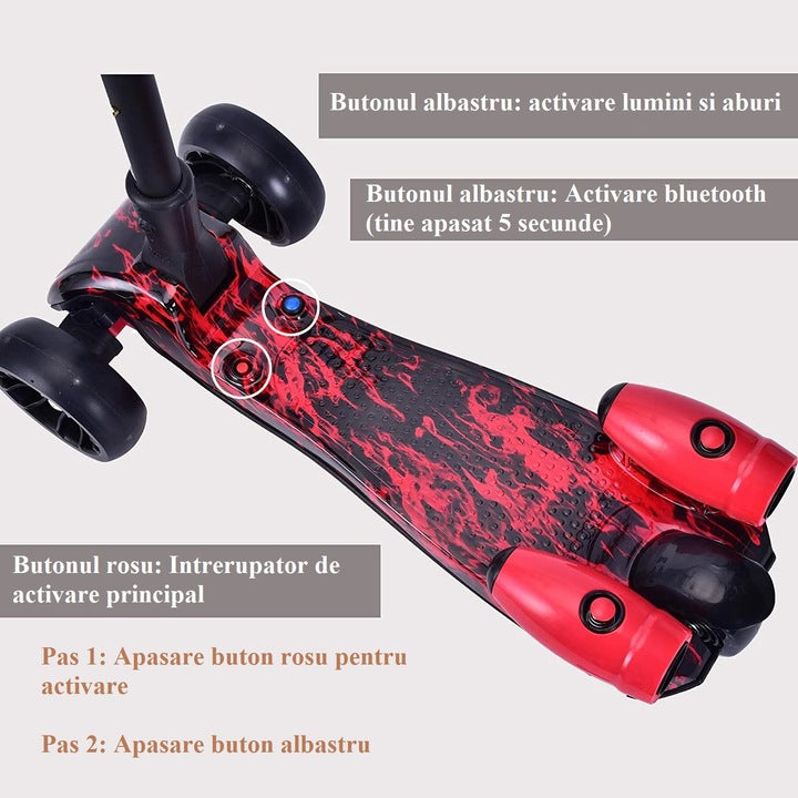 Trotineta pentru Copii cu Efect de Fum, Lumini LED Multicolore si 3 Roti Late pentru Stabilitate, Ghidon Reglabil pe Inaltime, Platforma Antiderapanta, Design Sport Rosu-Negru, pentru Baieti si Fete