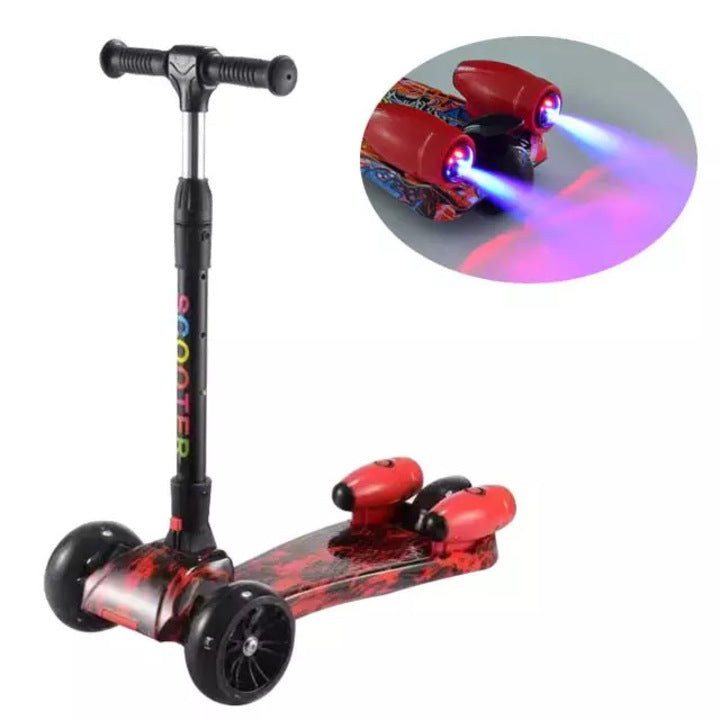 Trotineta pentru Copii cu Efect de Fum, Lumini LED Multicolore si 3 Roti Late pentru Stabilitate, Ghidon Reglabil pe Inaltime, Platforma Antiderapanta, Design Sport Rosu-Negru, pentru Baieti si Fete
